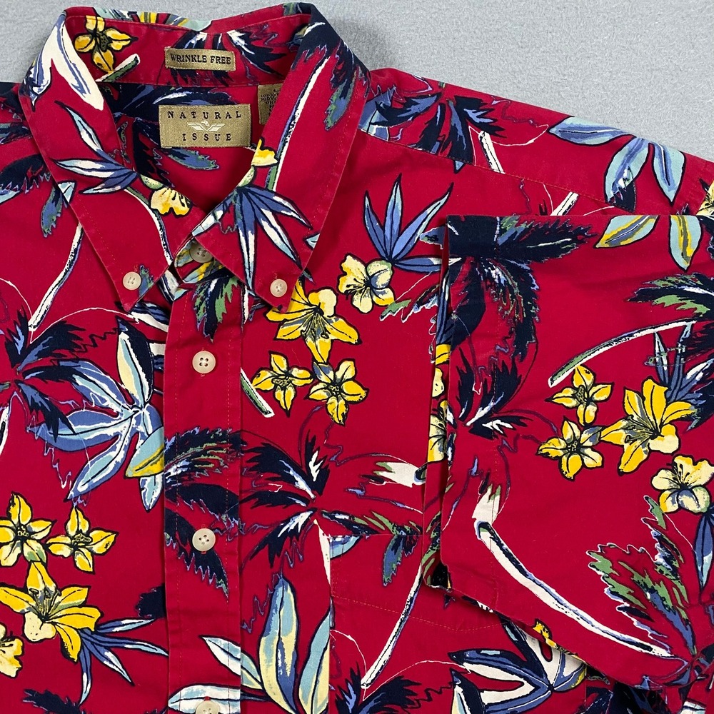 Natural Issue Mens Red Tropical Palm Floral Cotton Wrinkle Free Shirt Large L